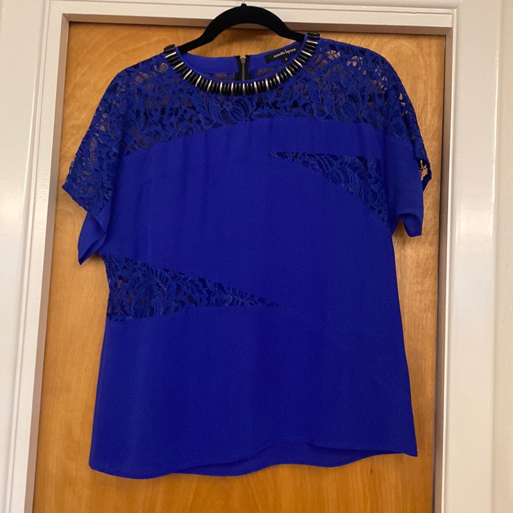 Blue Nanette Lepore Silk Blouse with Lace Peek a boo embellished collar